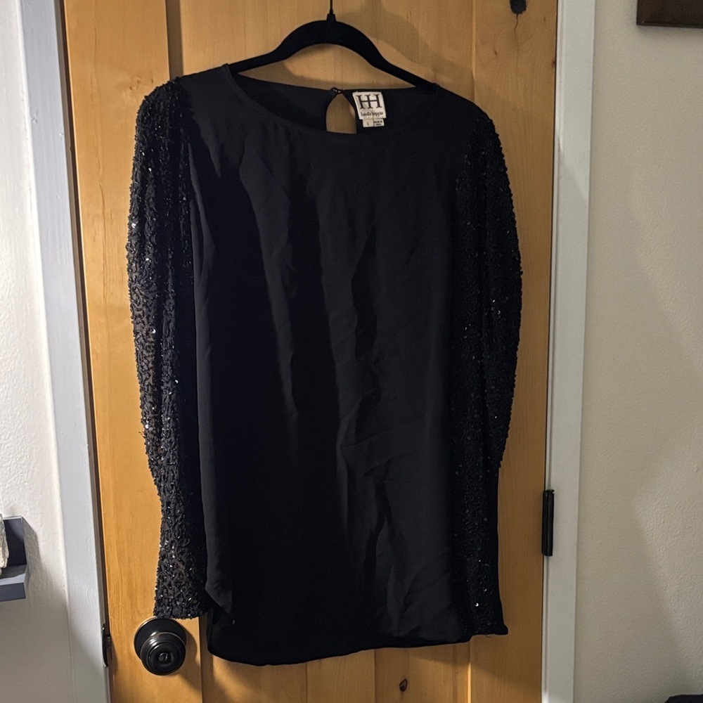 Haute Hippie Black Top with Sequin Sleeves